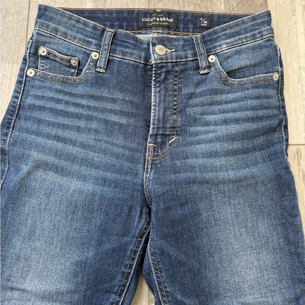 Lucky Brand Bridgette Mid Rise Skinny Jeans Raw Hem Blue Denim 0/25 Ankle - Picture 6 of 9
